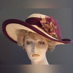 Kentucky Derby hat, wide brim straw hat, burgundy ostrich feather vintage style